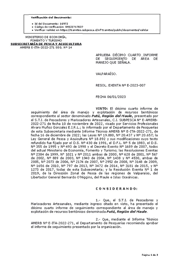 RESOL. EXENTA Nº E-2023-007 Aprueba 14° seguimiento. (Publicado en Página Web 09-01-2023)