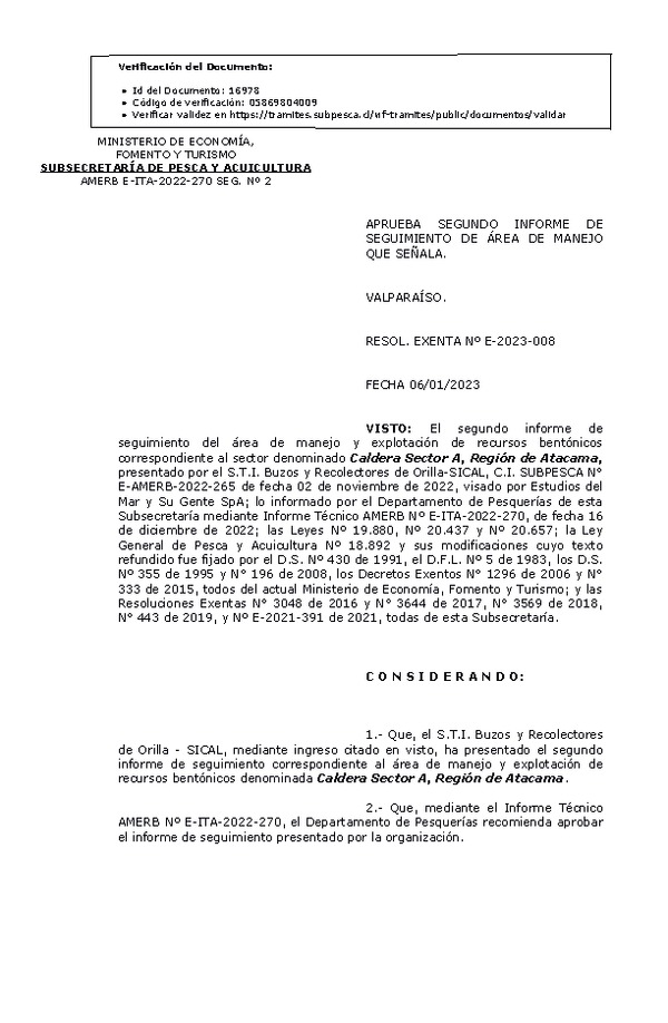 RESOL. EXENTA Nº E-2023-008 Aprueba 2° seguimiento. (Publicado en Página Web 09-01-2023)