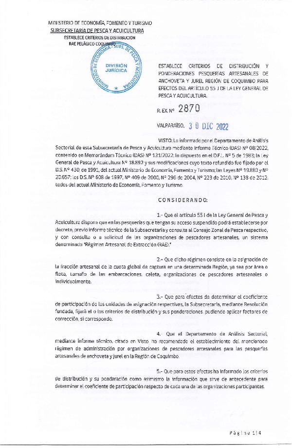 Res. Ex. N° 2870-2022 Establece Criterios de Distribución y Ponderaciones Pesquerías Artesanales de Anchoveta y Jurel Región de Coquimbo Para Efectos del Artículo 55 J de la Ley General de Pesca y Acuicultura (Publicado en Página Web 10-01-2023)