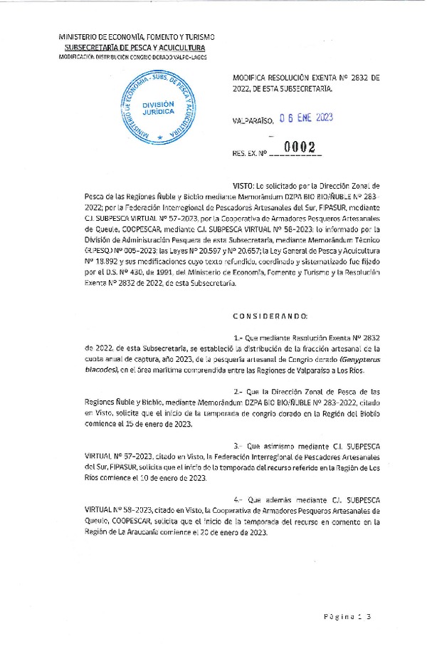 Res. Ex. N° 02-2023 Modifica Res. Ex. N° 2832-2022 Establece Distribución de la Fracción Artesanal de Congrio Dorado, Regiones Valparaíso-Los Ríos, Año 2023. (Publicado en Página Web 11-01-2023)