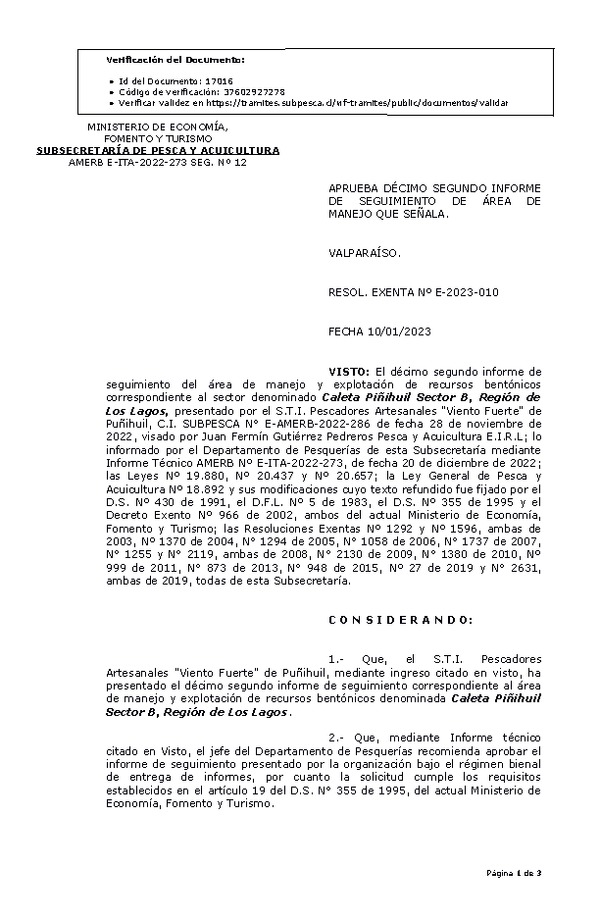 RESOL. EXENTA Nº E-2023-010 Aprueba 12° seguimiento. (Publicado en Página Web 11-01-2023)