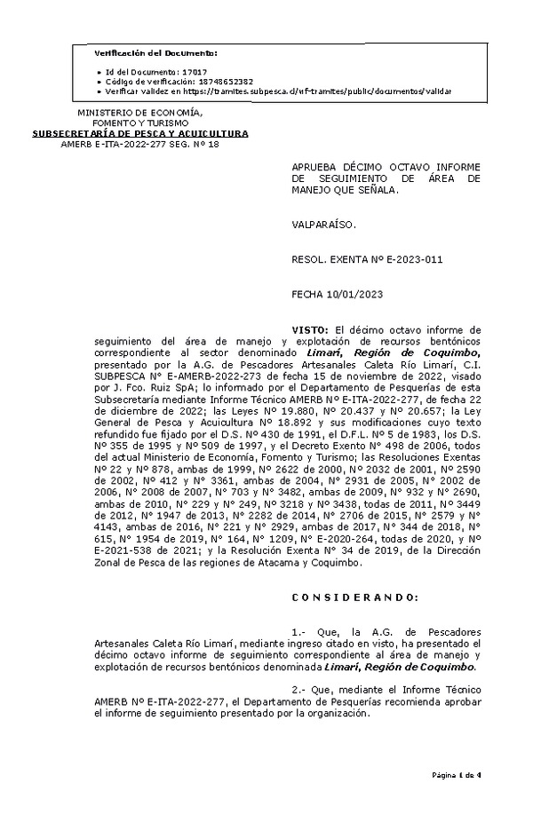 RESOL. EXENTA Nº E-2023-011 Aprueba 18° seguimiento. (Publicado en Página Web 11-01-2023)