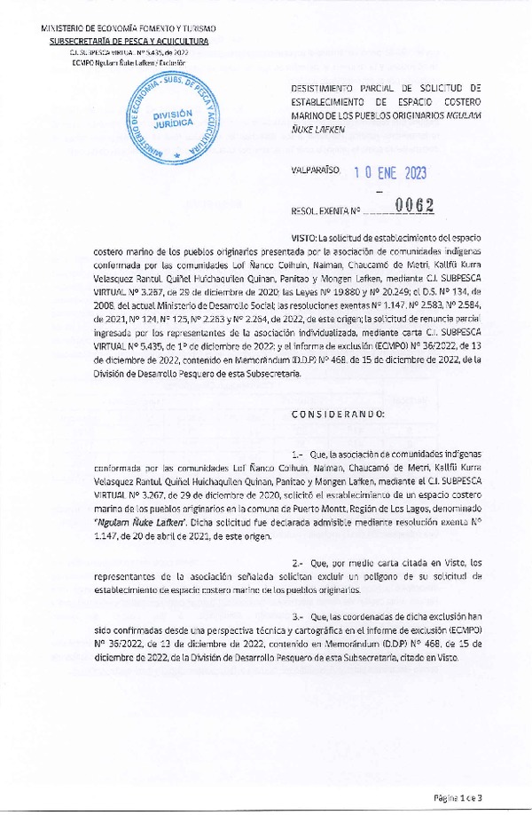 Res. Ex. N° 0062-2023 Desistimiento parcial de solicitud de establecimiento de ECMPO que indica. (Publicado en Página Web 11-01-2023)