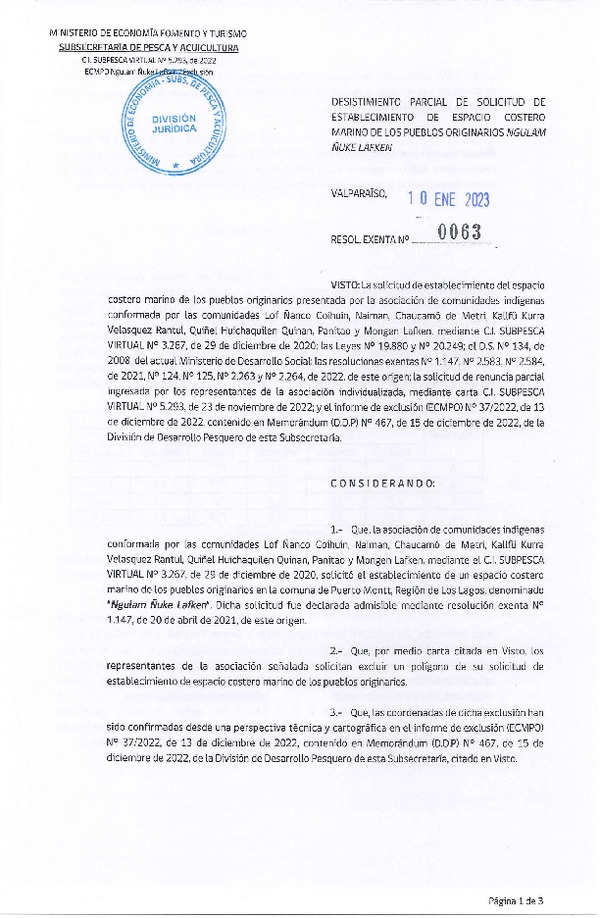 Res. Ex. N° 0063-2023 Desistimiento parcial de solicitud de establecimiento de ECMPO que indica. (Publicado en Página Web 11-01-2023)