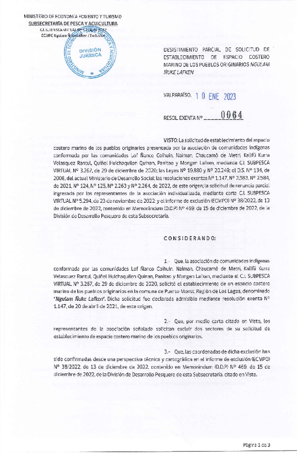 Res. Ex. N° 0064-2023 Desistimiento parcial de solicitud de establecimiento de ECMPO que indica. (Publicado en Página Web 11-01-2023)