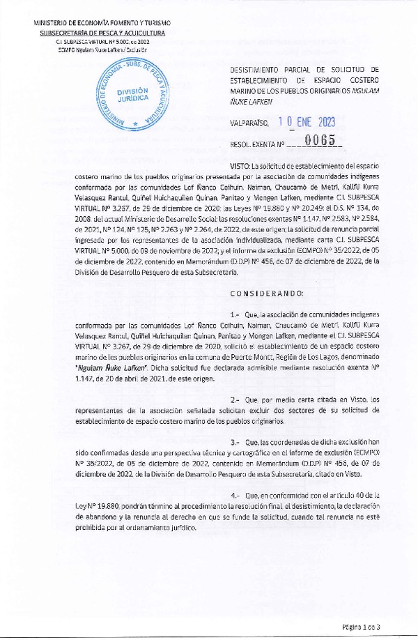 Res. Ex. N° 0065-2023 Desistimiento parcial de solicitud de establecimiento de ECMPO que indica. (Publicado en Página Web 11-01-2023)