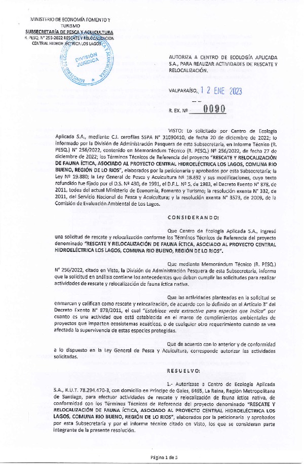 Res. Ex. N° 0090-2023 Autoriza actividades de Rescate y Relocalización, Región de Los Ríos. (Publicado en Página Web 13-01-2023)