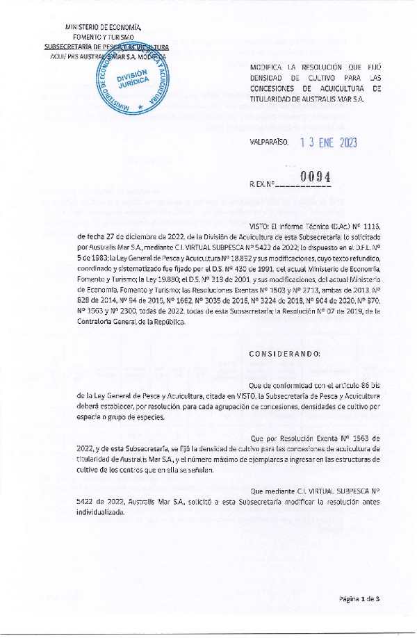 Res. Ex. N° 0094-2023 Modifica Res. Ex. N° 1563-2022 que fijo densidad de cultivo para las concesiones de acuicultura de titularidad de Australis Mar S.A. (Publicado en Página Web 13-01-2023)