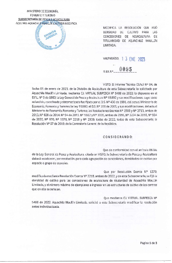 Res. Ex. N° 0095-2023 Modifica Res. Ex. N° 1370-2022 Fija densidad de cultivo para las concesiones de titularidad de Aquachile Maullín Limitada. Aprueba programa de manejo que indica. (Con Informe Técnico) (Publicado en Página Web 13-01-2023)