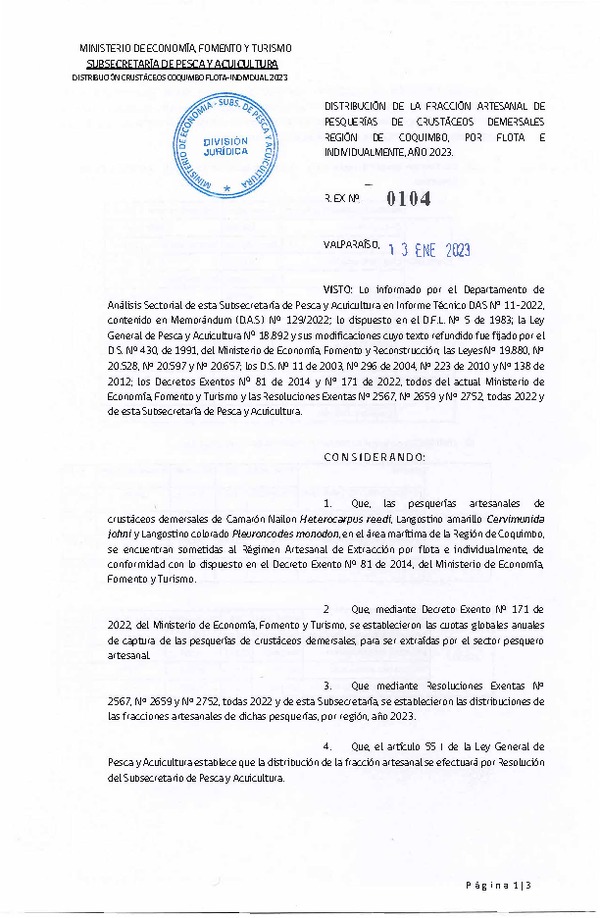 Res. Ex. N° 0104-2023 Distribución de la Fracción Artesanal de Pesquerías Crustáceos Demersales, Región de Coquimbo, por Flota e Individualmente, Año 2023. (Publicado en Página Web 13-01-2023)