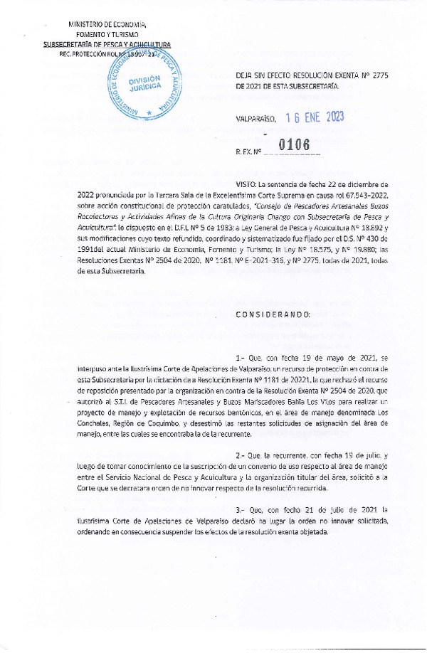 Res. Ex. N° 0106-2023 deja sin efecto Res. Ex. N° 2575-2021. (Publicado en Página Web 17-01-2023)