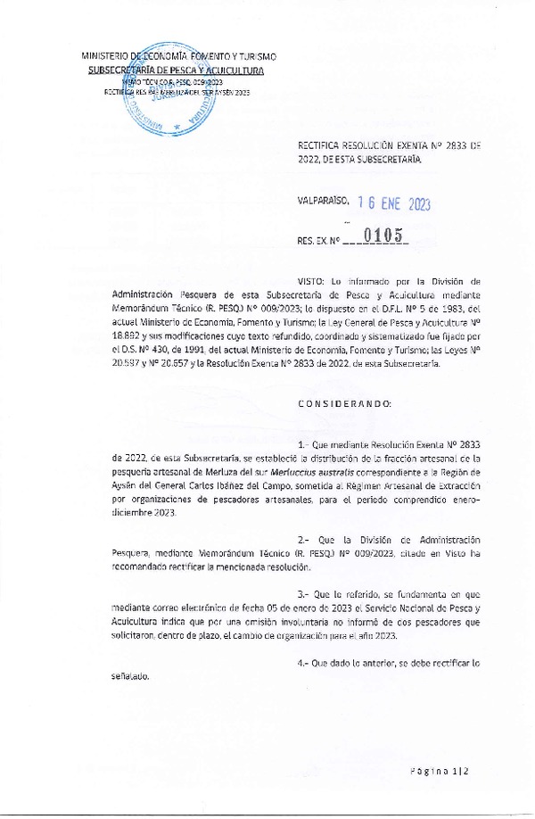 Res. Ex. N° 0105-2023 Rectifica Res. Ex. N° 2833-2022 Distribución de la Fracción Artesanal de Pesquería de Merluza del Sur por Organizaciones, Región de Aysén, Año 2023. (Publicado en Página Web 17-01-2023)