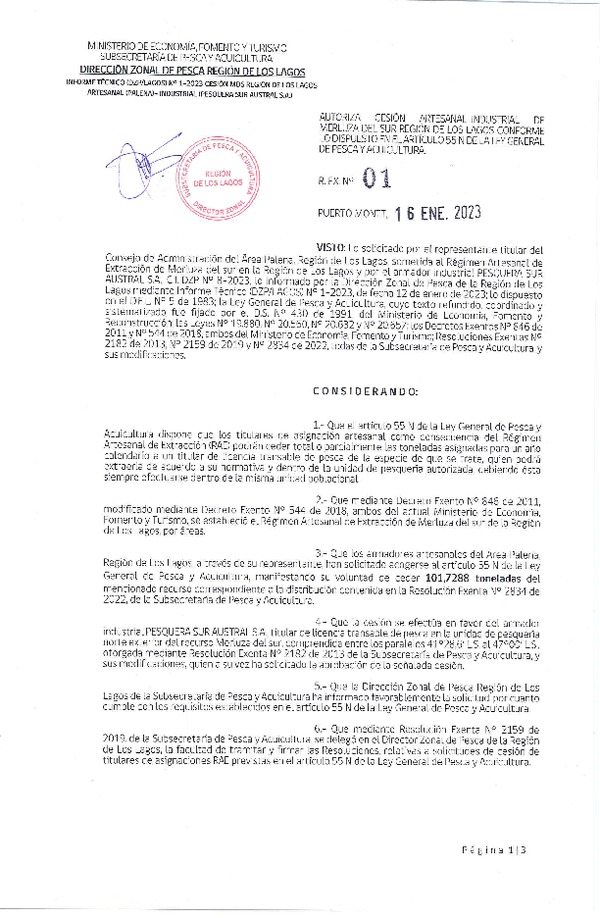 Res. Ex. N° 01-2023 (DZP Región de Los Lagos) Autoriza cesión Merluza del Sur. (Publicado en Página Web 17-01-2023)