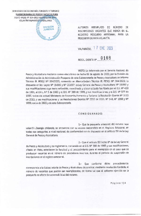 Res. Ex. N° 0108-2023 Autoriza Reemplazo de Número de Inscripciones Vacantes que Indica, en el Registro Pesquero Pesquero Artesanal para la Pesquería de Raya Volantín. (Publicado en Página Web 17-01-2023)