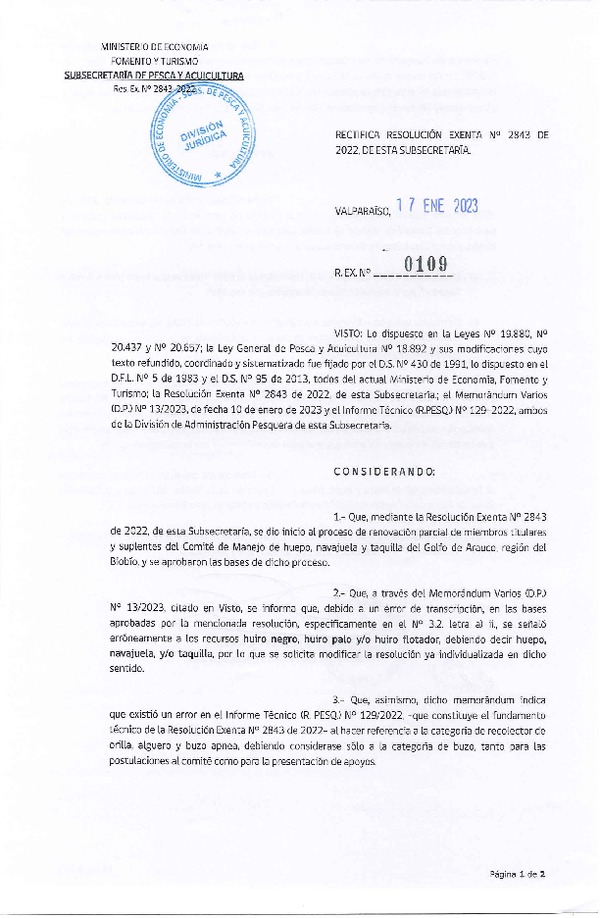 Res. Ex. N° 0109-2023 Rectifica Res. Ex. N° 2843-2022 Inicia Proceso de Renovación de Miembros Titulares y Suplentes del Comité de Manejo de Huepo, Navajuela y Taquilla del Golfo de Arauco, Región del Biobío. (Publicado en Página Web 17-01-2023)