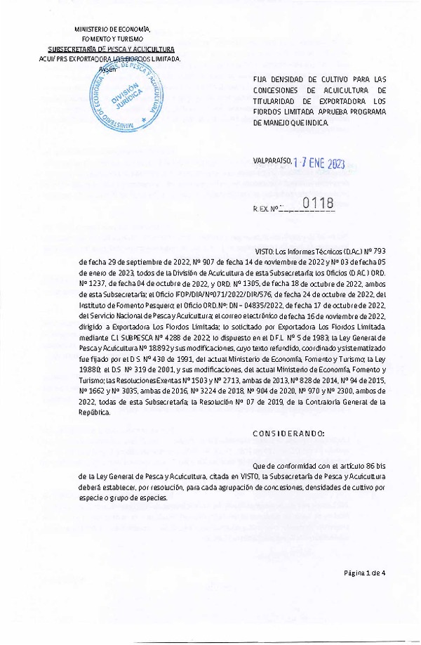 Res. Ex. N° 0118-2023 Fija densidad de cultivo las concesiones de acuicultura de titularidad de de Exportadora Los Fiordos Limitada, Aprueba programa de manejo que indica. (Con Informe Técnico) (Publicado en Página Web 18-01-2023)