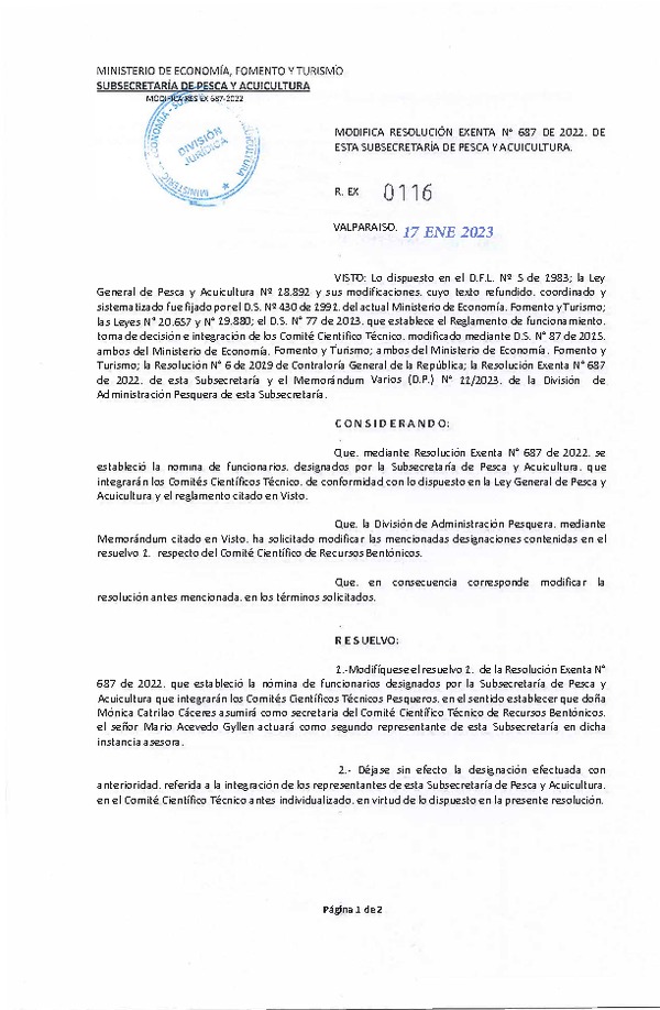 Res. Ex. N° 0116-2023 Modifica Res. Ex. N° 687-2022 Designa Funcionarios de la subsecretaría de Pesca y Acuicultura en Comités Científicos Técnicos que Indica. (Publicado en Página Web 18-01-2023)