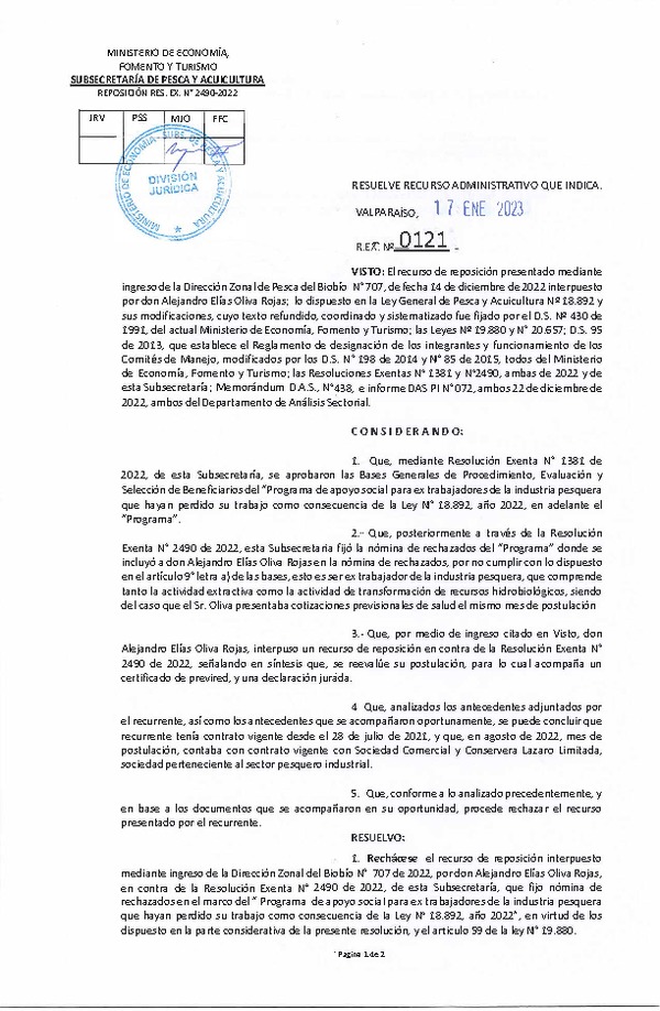 Res. Ex. N° 0121-2023 Resuelve recurso administrativo que indica. (Publicado en Página Web 18-01-2023)