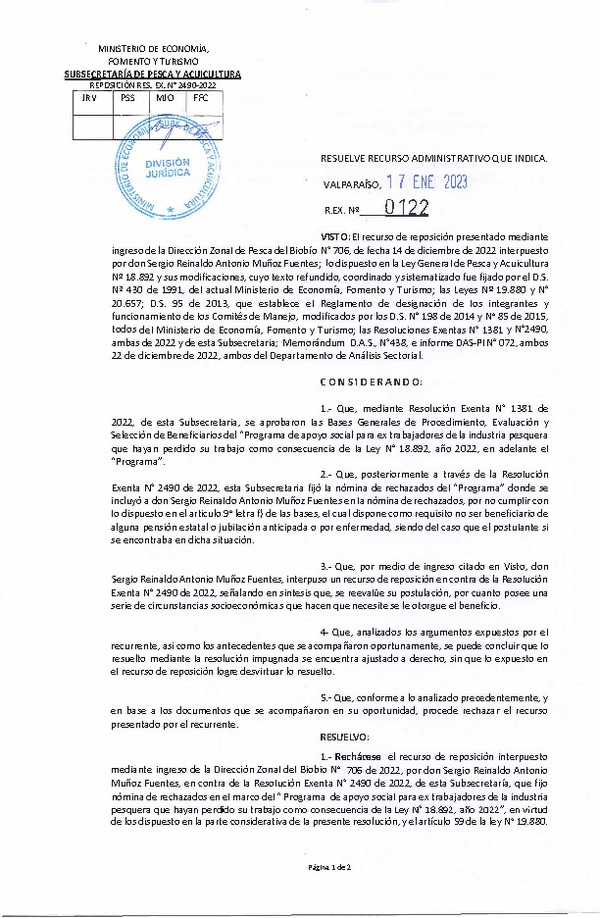 Res. Ex. N° 0122-2023 Resuelve recurso administrativo que indica. (Publicado en Página Web 18-01-2023)