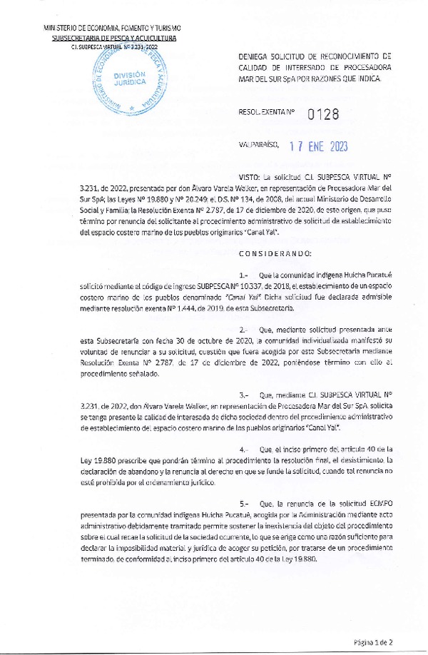 Res. Ex. N° 0128-2023 Deniega solicitud de reconocimiento de calidad de interesado de Procesadora Mar del Sur SpA, por razones que indica. (Publicado en Página Web 18-01-2023)