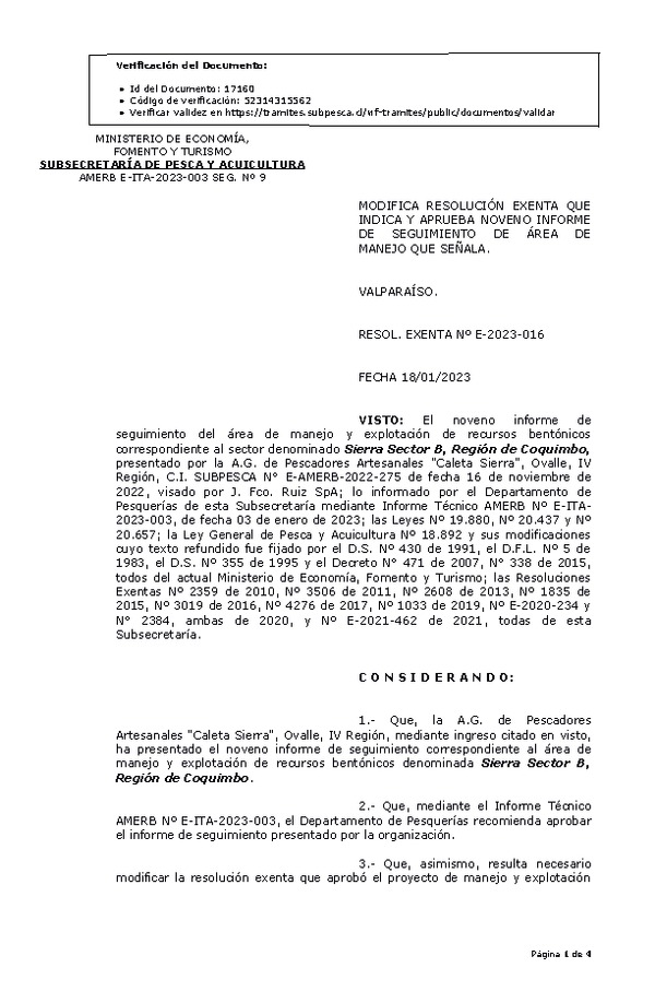 RESOL. EXENTA Nº E-2023-016 Modifica resolución que indica, 9° Seguimiento. (Publicado en Página Web 19-01-2023)