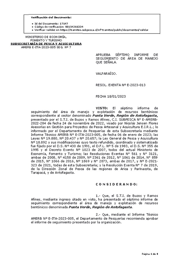 RESOL. EXENTA Nº E-2023-013 Aprueba 7° Seguimiento. (Publicado en Página Web 19-01-2023)