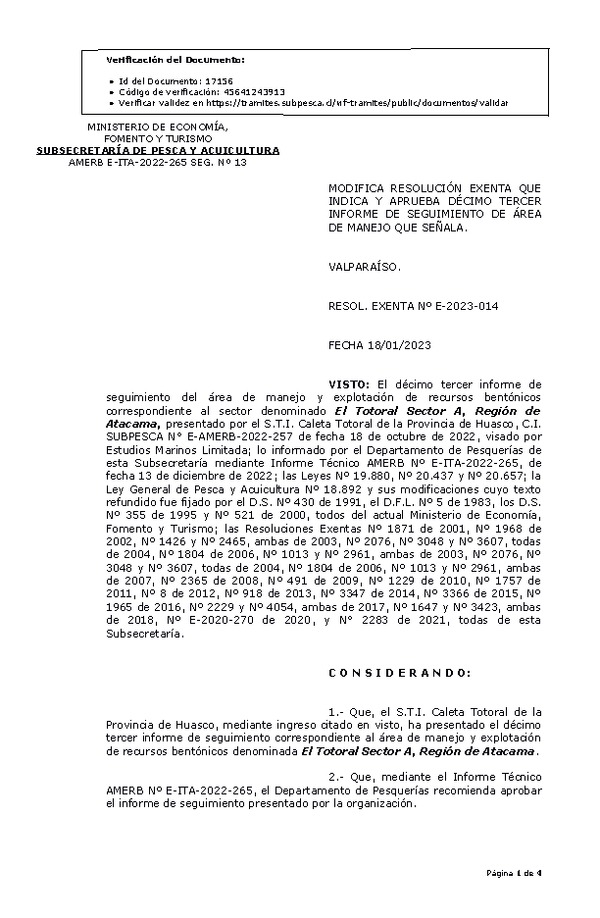 RESOL. EXENTA Nº E-2023-014 Modifica resolución que indica, Aprueba 13° Seguimiento. (Publicado en Página Web 19-01-2023)