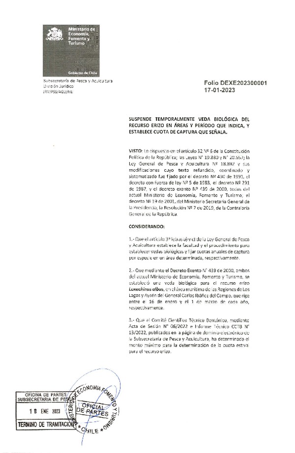 Dec. Ex. Folio N° 202300001 Suspende Temporalmente Veda Biológica del Recurso Erizo en Áreas y Período que Indica, y Establece Cuota de Captura en la Región de Los Lagos y la Región de Aysén. (Publicado en Página Web 19-01-2023)