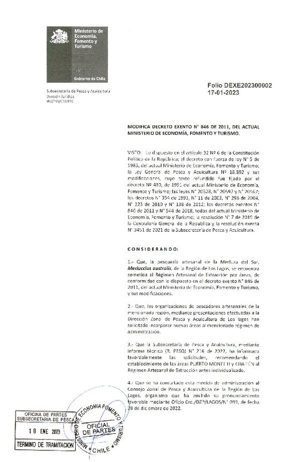 Dec. Ex. Folio N° 202300002 Modifica Decreto N° 846-2011 Establece Régimen Artesanal de Extracción recurso Merluza del sur, Región de Los Lagos. (Publicado en Página Web 19-01-2023)