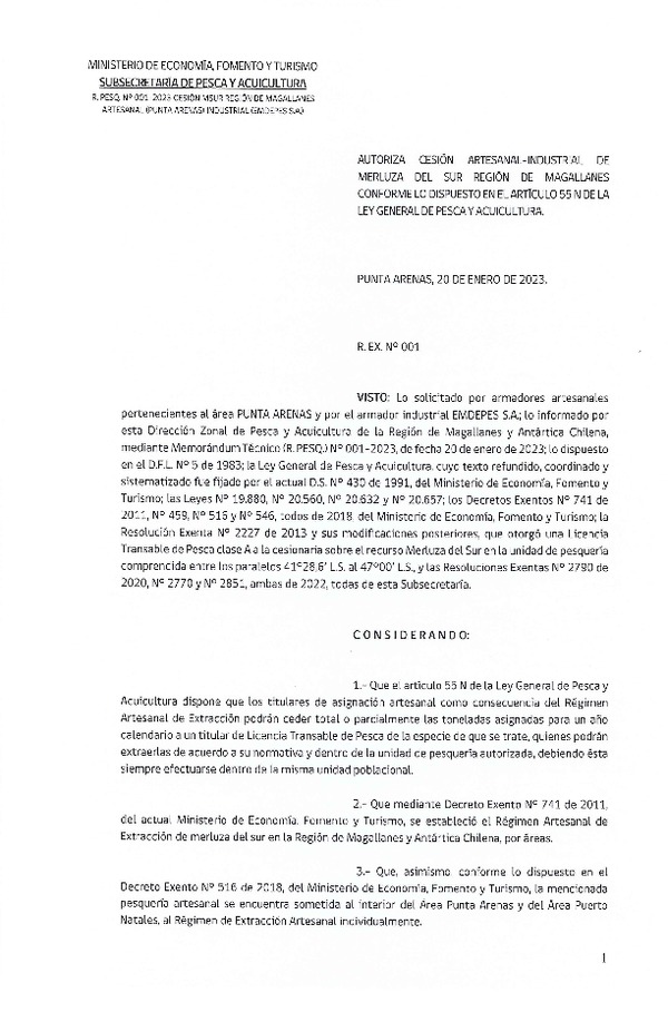 Res. Ex. N° 001-2023 (DZP Región de Magallanes) Autoriza cesión Merluza del Sur. (Publicado en Página Web 20-01-2023)