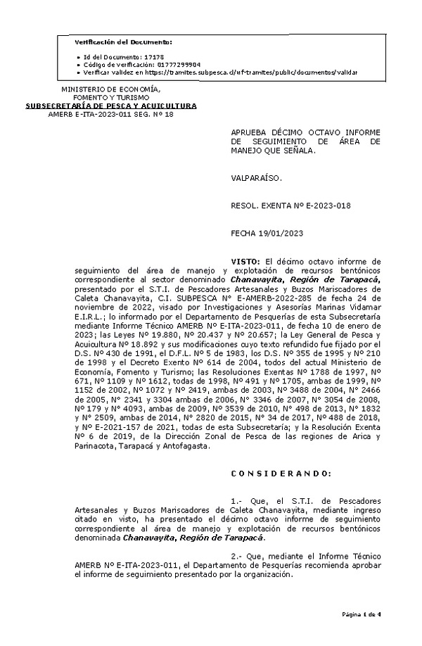 RESOL. EXENTA Nº E-2023-018 Aprueba 18° Seguimiento. (Publicado en Página Web 20-01-2023)