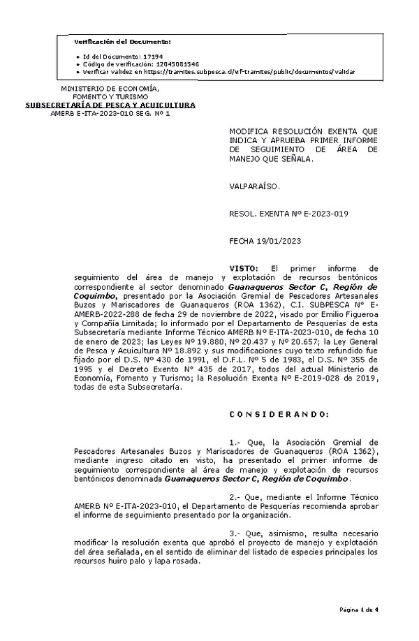 RESOL. EXENTA Nº E-2023-019 Modifica resolución que indica, Aprueba 1° Seguimiento. (Publicado en Página Web 20-01-2023)