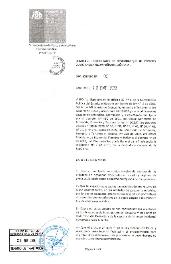 Dec. Ex. N° 05-2023 Establece porcentajes de desembarque de especies como fauna acompañante, año 2023. (Publicado en Página Web 24-01-2023)