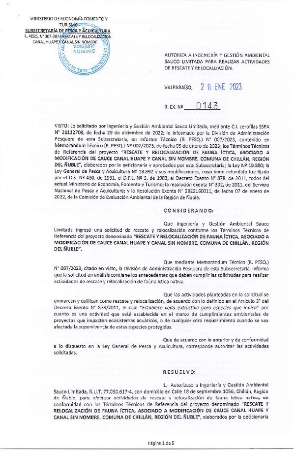 Res. Ex. N° 0143-2023 Autoriza actividades de Rescate y Relocalización, Región del Ñuble. (Publicado en Página Web 24-01-2023)