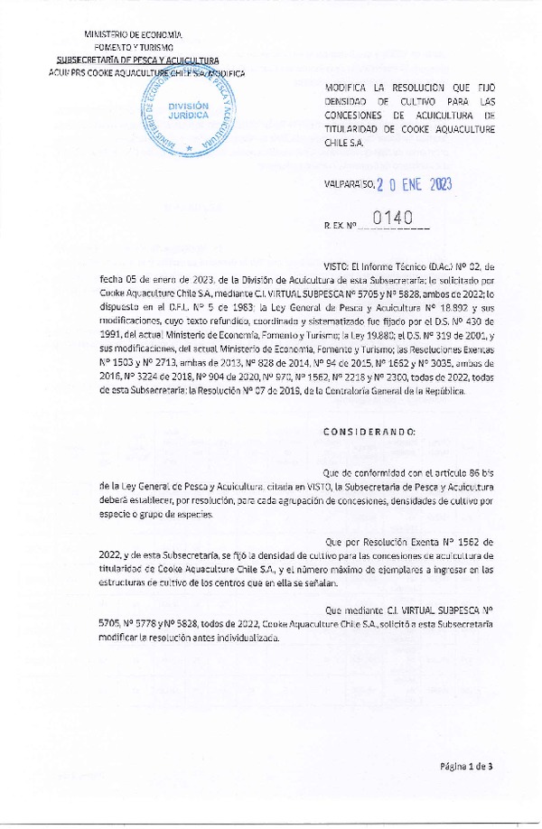 Res. Ex. N° 0140-2023 Modifica Res. Ex. N° 1562-2022 Fija densidad de cultivo las concesiones de acuicultura de titularidad de Cooke Aquaculture Chile S.A., Aprueba programa de manejo que indica. (Con Informe Técnico) (Publicado en Página Web 24-01-2023)