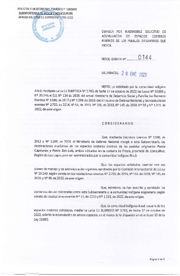 Res. Ex. N° 0144-2023 Deniega por inadmisible solicitud de acumulación de ECMPO que indica. (Publicado en Página Web 24-01-2023)