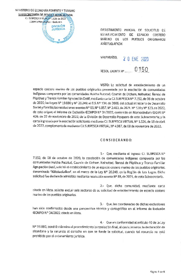 Res. Ex. N° 0150-2023 Desistimiento parcial de solicitud de establecimiento de ECMPO que indica. (Publicado en Página Web 24-01-2023)
