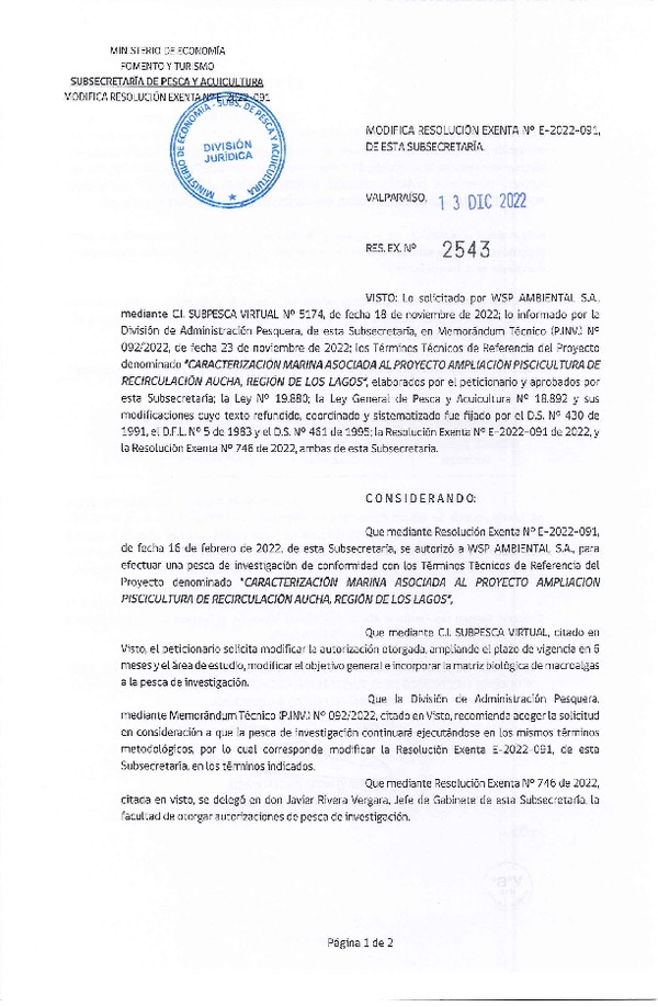 Res. Ex. N° 2543-2022 Modifica Res. Ex. N° E-2022-091, WSP AMBIENTAL S.A. (Publicado en Página Web 24-01-2023)