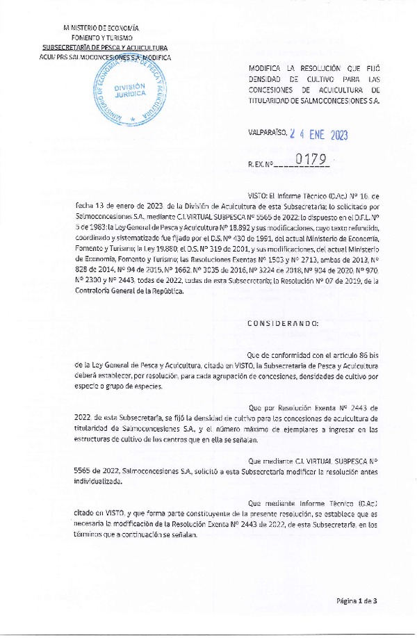 Res. Ex. N° 0179-2023 Modifica Res. Ex. N° 2443-2022 Fija densidad de cultivo las concesiones de acuicultura de titularidad de Samoconcesiones S.A., Aprueba programa de manejo que indica. (Con Informe Técnico) (Publicado en Página Web 24-01-2023)