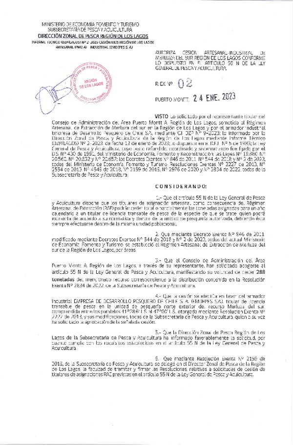 Res. Ex. N° 02-2023 (DZP Región de Los Lagos) Autoriza cesión Merluza del Sur. (Publicado en Página Web 24-01-2023)