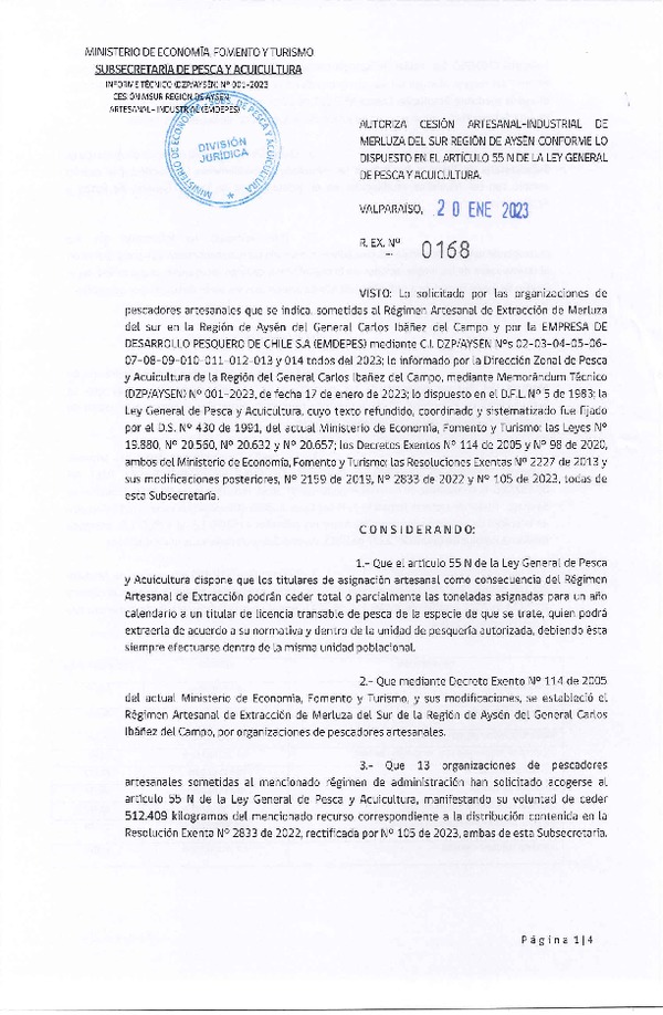 Res. Ex. N° 0168-2023 Autoriza Cesión de Merluza del Sur, Región de Aysén. (Publicado en Página Web 25-01-2023)