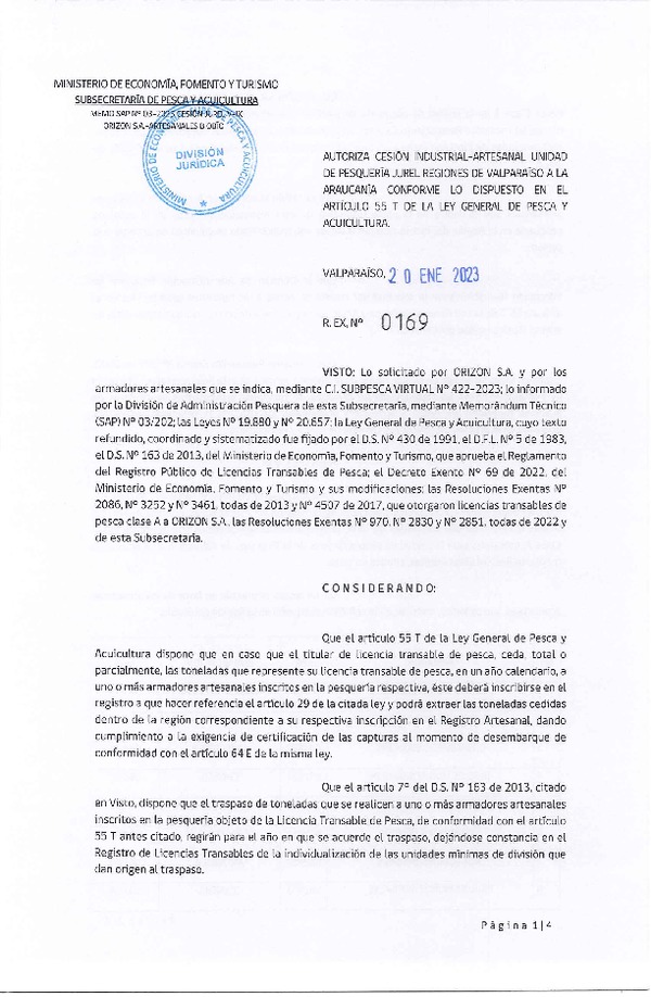 Res. Ex. N° 0169-2023 Autoriza Cesión de Jurel Regiones de Valparaíso a La Araucanía. (Publicado en Página Web 25-01-2023)