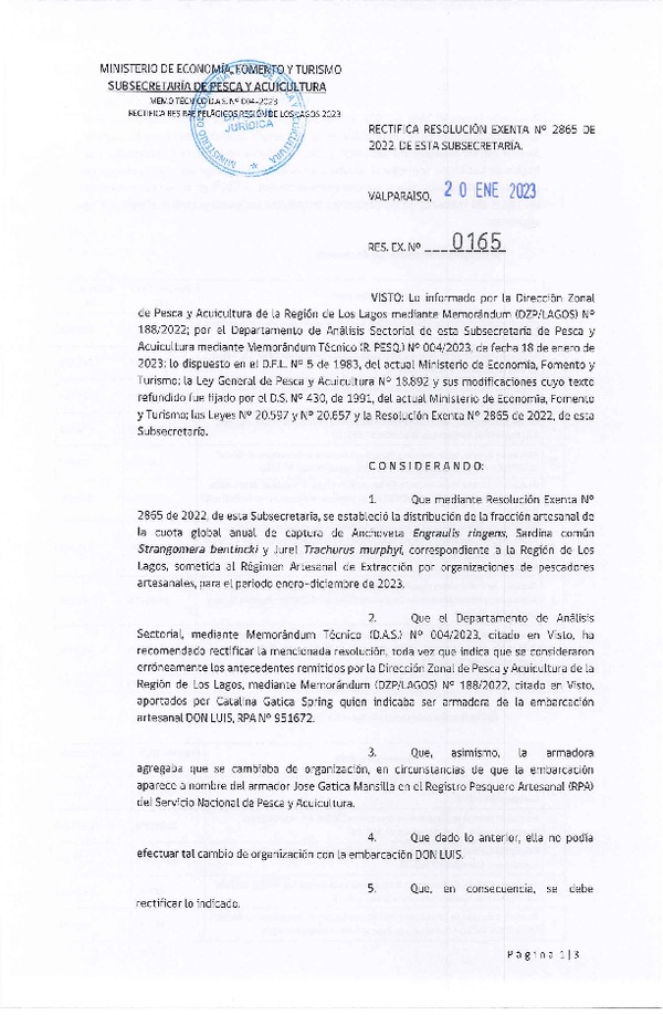 Res. Ex. N° 0165-2023 Rectifica Res. Ex. N° 2865-2022 Distribución de la Fracción Artesanal de Pesquería de Anchoveta, Sardina común y Jurel, Región de Los Lagos, año 2023. (Publicado en Página Web 25-01-2023)