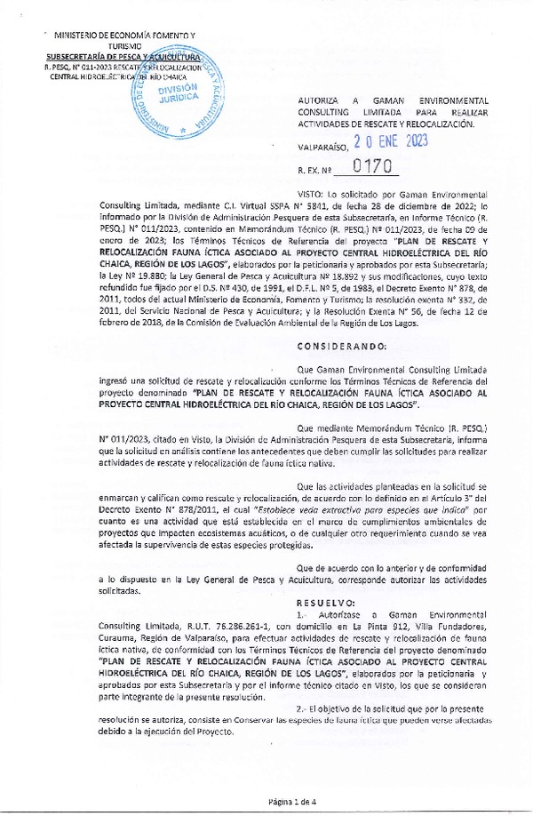 Res. Ex. N° 0170-2023 Autoriza actividades de Rescate y Relocalización que Indica. (Publicado en Página Web 25-01-2023)