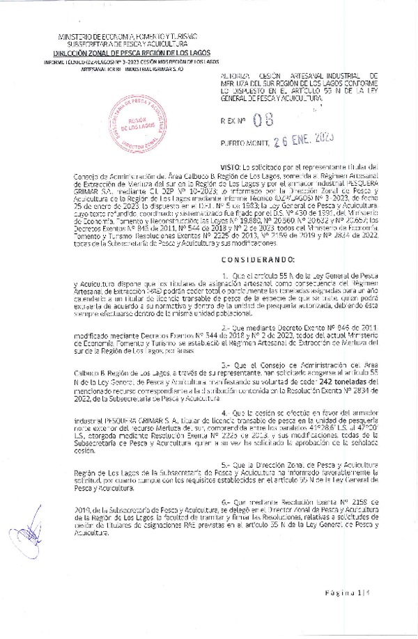Res. Ex. N° 03-2023 (DZP Región de Los Lagos) Autoriza cesión Merluza del Sur. (Publicado en Página Web 26-01-2023)