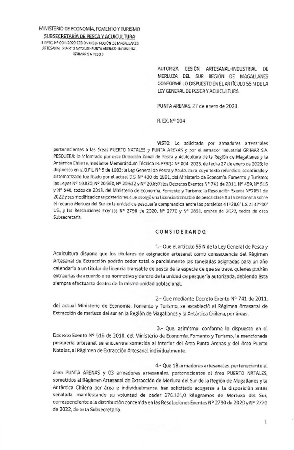 Res. Ex. N° 004-2023 (DZP Región de Magallanes) Autoriza cesión Merluza del Sur. (Publicado en Página Web 27-01-2023)