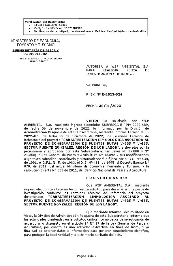 R. EX. Nº E-2023-024 WSP AMBIENTAL S.A. PARA REALIZAR PESCA DE INVESTIGACIÓN QUE INDICA. (Publicado en Página Web 30-01-2023)