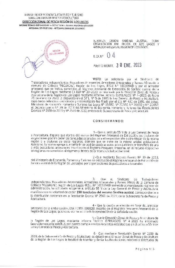 Res. Ex. N° 04-2023 (DZP Los Lagos) Autoriza cesión sardina austral Región de Los Lagos. (Publicado en Página Web 30-01-2023)