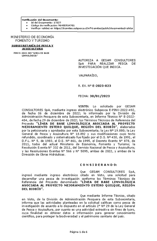 R. EX. Nº E-2023-023 AUTORIZA A GESAM CONSULTORES SpA PARA REALIZAR PESCA DE INVESTIGACIÓN QUE INDICA. (Publicado en Página Web 30-01-2023)