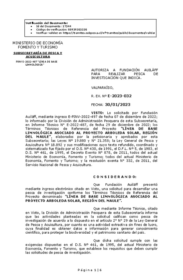 R. EX. Nº E-2023-032 AUTORIZA A FUNDACIÓN AUILÄFF PARA REALIZAR PESCA DE INVESTIGACIÓN QUE INDICA. (Publicado en Página Web 30-01-2023)